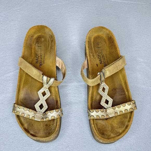 NAOT Aspen Leather Sandals Wedge Cork Gold Metallic Rhinestones EU 38 US 7 - 7.5 - Picture 2 of 16